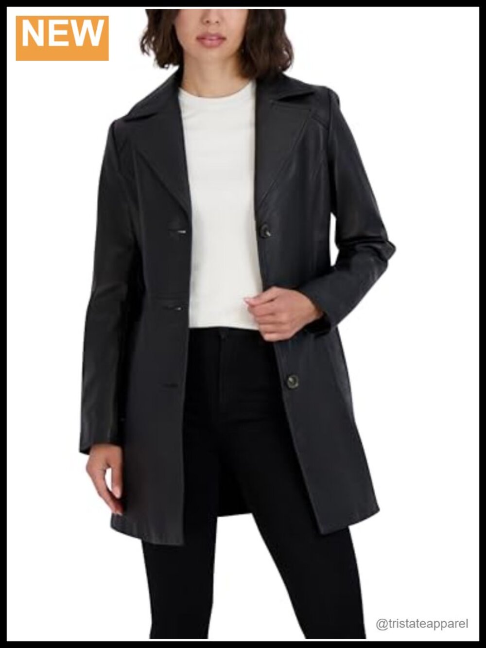Genuine Lambskin Leather Trench Coat Notch Collar Button Tie Belt